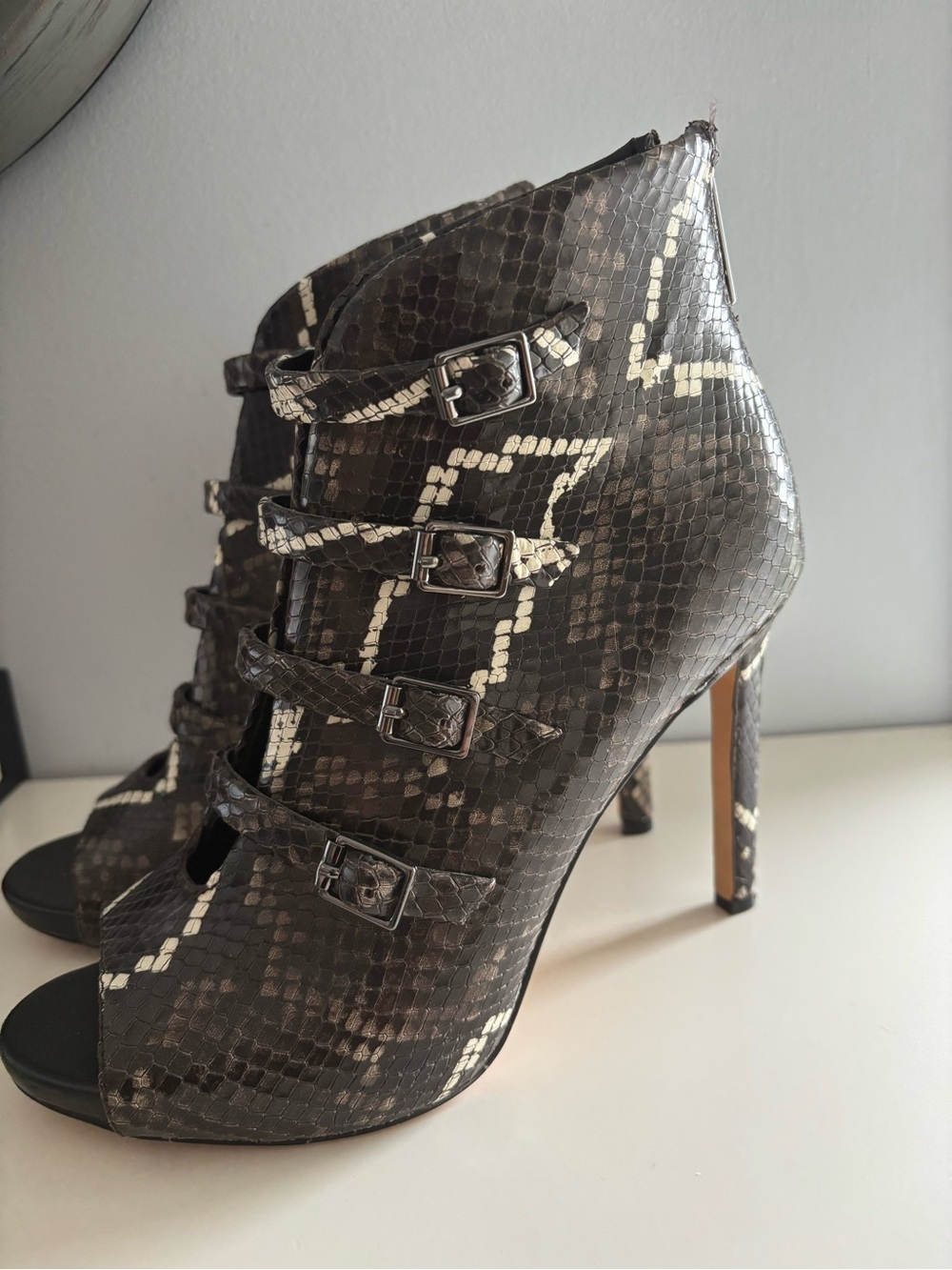 Karl Lagerfeld cardi snake peep toe booties.